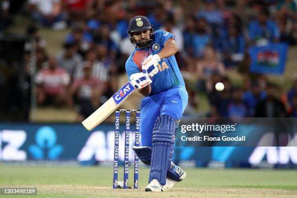 Rohit Sharma of India takes a shot during game five of the Twenty20 series between New Zealand and India at Bay Oval on February 02, 2020 in Mount...