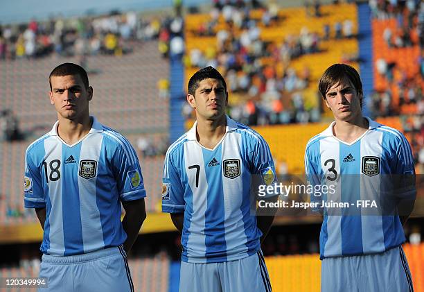 Leandro Gonzalez Pirez, Matias Laba and Nicolas Tagliafico of Argentina listens to their countries national anthem during the FIFA U-20 World Cup...