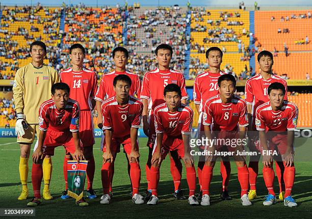 Korea DPR players pose for a team picture during the FIFA U-20 World Cup Colombia 2011 group F match between Argentina and Korea DPR at the Atanasio...