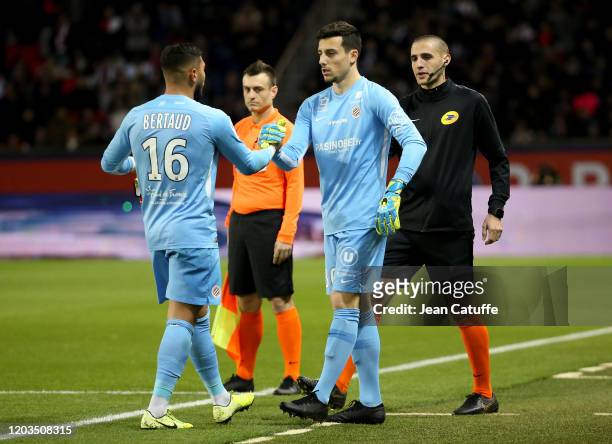 Goalkeeper of Montpellier Dimitry Bertaud is replaced by goalkeeper Matis Carvalho after receiving a red card during the Ligue 1 match between Paris...