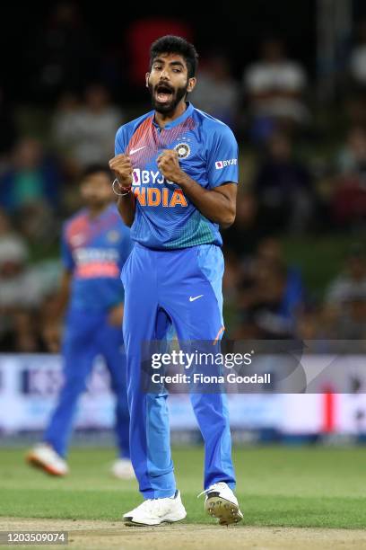 Jasprit Bumrah takes the wicket of Martin Guptill during game five of the Twenty20 series between New Zealand and India at Bay Oval on February 02,...