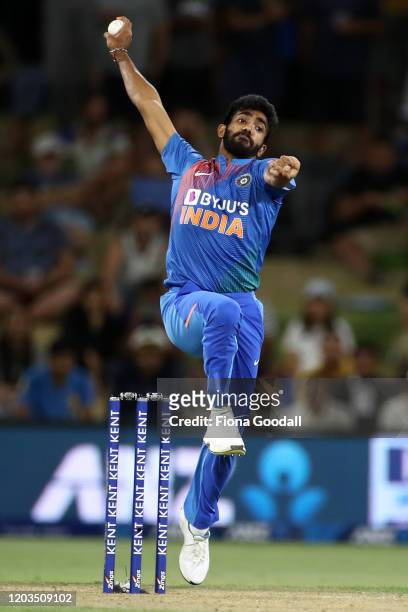 Jasprit Bumrah of India bowls during game five of the Twenty20 series between New Zealand and India at Bay Oval on February 02, 2020 in Mount...