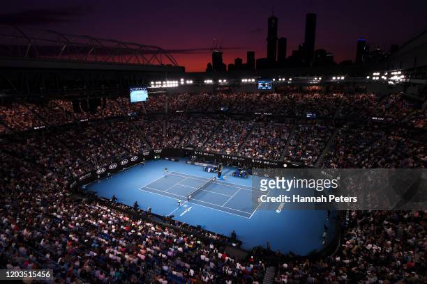 General view inside Rod Laver Arena during the Men's Singles Final match between Dominic Thiem of Austria and Novak Djokovic of Serbia on day...