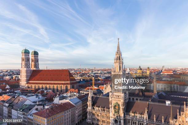 marienplatz in munich with new town hall and frauenkirche. - munich cityscape stock pictures, royalty-free photos & images