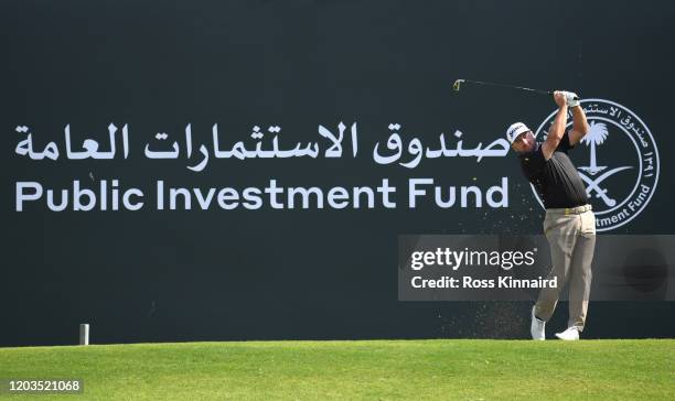 Graeme McDowell of Northern Ireland tees off on the 3rd hole during Day 4 of the Saudi International at Royal Greens Golf and Country Club on...