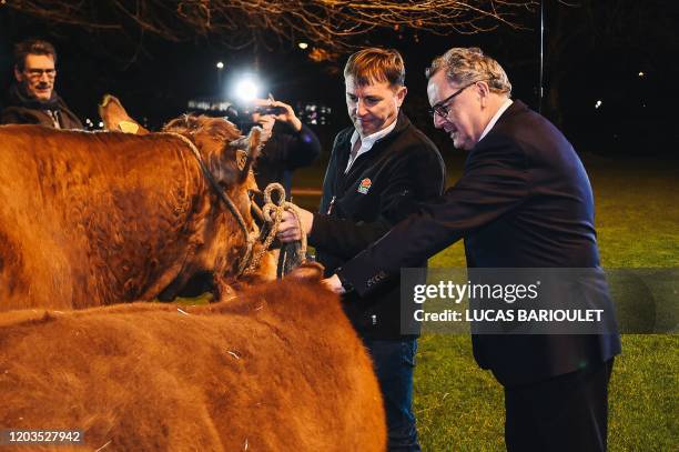 President of the National Assembly Richard Ferrand pets a Limousine breed cow and its calf in front of the Hotel de Lassay in Paris on February 26,...