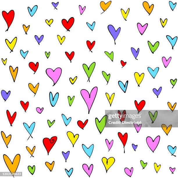 ilustrações de stock, clip art, desenhos animados e ícones de cute hand drawn multi colored hearts seamless pattern. mother's day, birthday card, wallpaper or gift wrap design. - mothers day text art