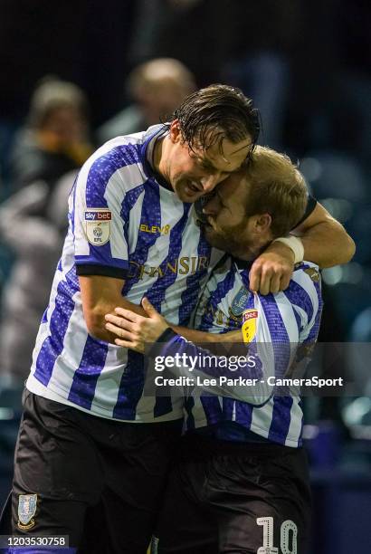 Sheffield Wednesday's Atdhe Nuhiu celebrates with Barry Bannan after after his side scores to make it 1-0 during the Sky Bet Championship match...