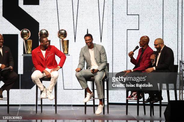 Legends, Dwyane Wade, Chris Bosh, and Ray Allen talk with David Fizdale during the Dwyane Wades Jersey Retirement Flashback Event on February 21,...