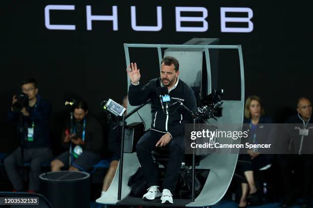 Chair umpire Damien Dumusois signals during the Men's Singles Final match between Novak Djokovic of Serbia and Dominic Thiem of Austria on day...