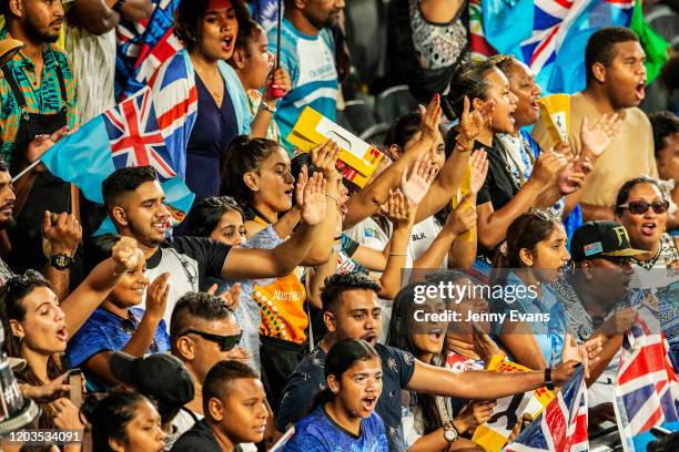 Fijian fans celebrate during the 2020 Sydney Sevens finals match between Fiji and South Africa at Bankwest Stadium on February 02, 2020 in Sydney,...