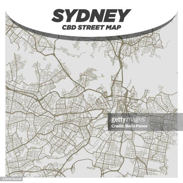 stockillustraties, clipart, cartoons en iconen met creatieve en gedurfde black & white city street kaart van sydney australië cbd central downtown district - metro north railroad
