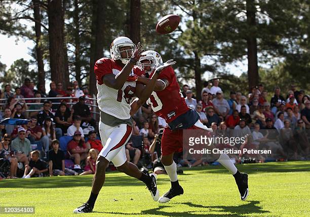 Wide receiver Stephen Williams of the Arizona Cardinals catches a touchdown pass past cornerback A.J. Jefferson during the team training camp at...