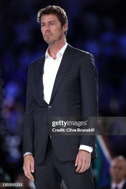 Former Australian Open Champion Marat Safin looks on during the trophy presentation following the Men's Singles Final between Novak Djokovic of...