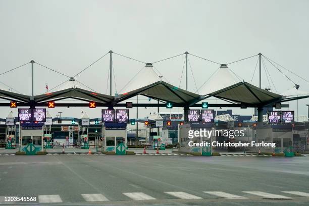 The UK passport and border control at the Calais Ferry terminal on February 02, 2020 in Calais, France. The United Kingdom and Northern Ireland has...