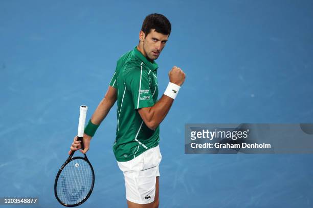 Novak Djokovic of Serbia celebrates a point during his Men's Singles Final match against Dominic Thiem of Austria on day fourteen of the 2020...