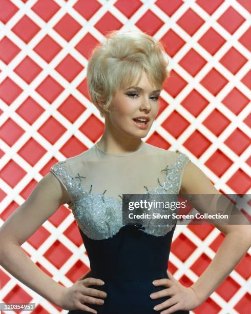 Joey Heatherton, US actress, dancer, and singer, poses wearing a dark blue-and-silver bodice, in a studio portrait, against a red-and-white...