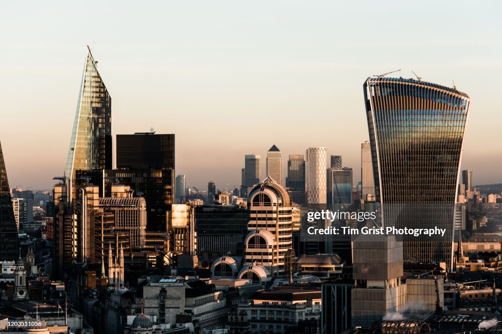 Aerial View of the City of London Skyline at Dusk. London, UK.