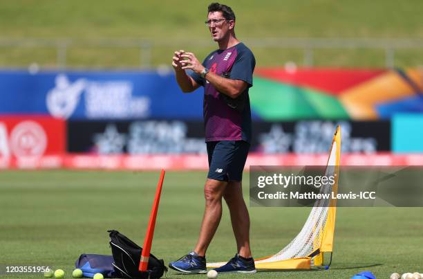 Jon Lewis, Head Coach of England looks on during the England nets session at Willowmoore Park on February 02, 2020 in Benoni, South Africa.