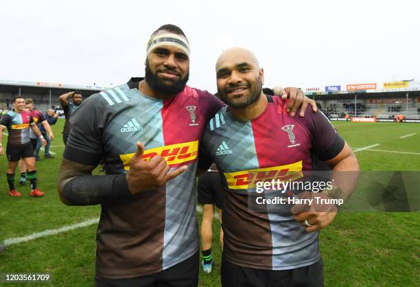 Semi Kunatani of Harlequins and Paul Lasike of Harlequins pose for a photo during the Premiership Rugby Cup Semi-Final match between Exeter Chiefs...
