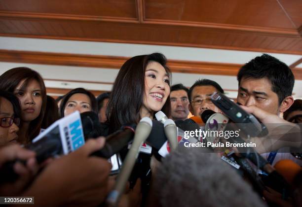 Yingluck Shinawatra speaks to the media after the Thai parliament officially elected her as the country's first female Prime Minister July 5, 2011 in...