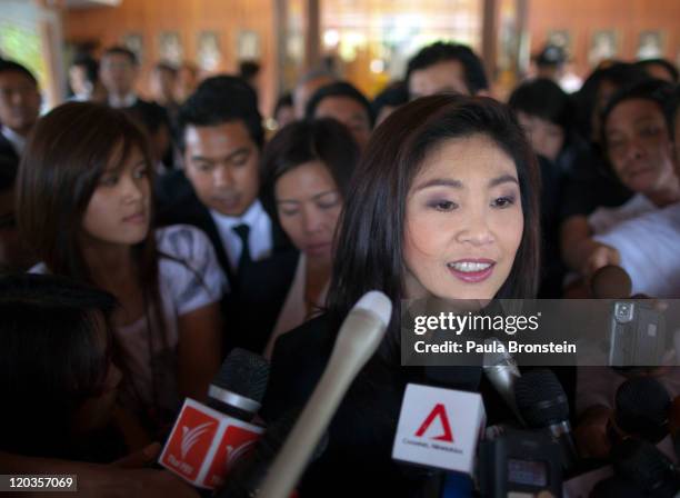 Yingluck Shinawatra speaks to the media after the Thai parliament officially elected her as the country's first female Prime Minister July 5, 2011 in...