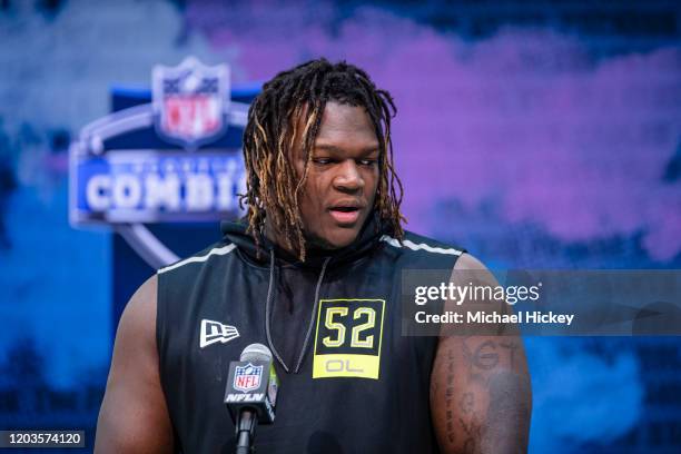 Isaiah Wilson #OL52 of the Georgia Bulldogs speaks to the media at the Indiana Convention Center on February 26, 2020 in Indianapolis, Indiana....