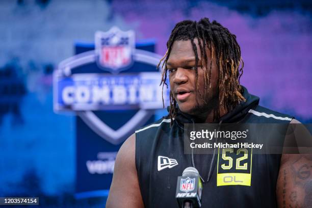 Isaiah Wilson #OL52 of the Georgia Bulldogs speaks to the media at the Indiana Convention Center on February 26, 2020 in Indianapolis, Indiana....