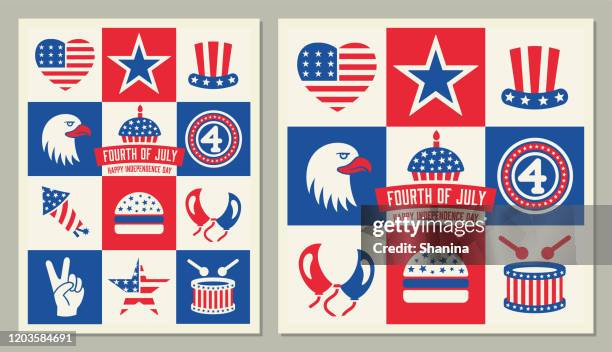 vierten juli quadratische symbole grußkarte - american burger stock-grafiken, -clipart, -cartoons und -symbole