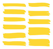 Set different yellow highlighter marker strokes. Brush pen underline lines. Vector illustration