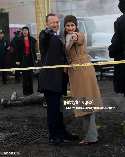 Donnie Wahlberg and Bridget Moynahan are seen on the set of 'Blue Bloods' on February 26, 2020 in New York City.