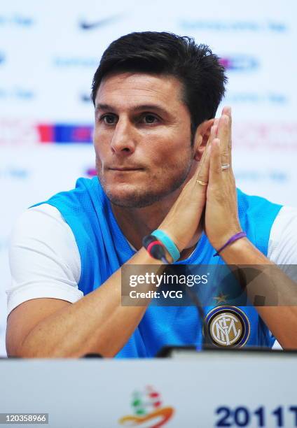 Javier Zanetti of Inter Milan talks to the media at a press conference ahead of team's training session at China National Stadium, also known as the...