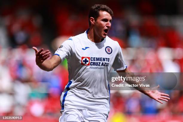 Santiago Gimenez of Cruz Azul celebrates after scoring the first goal of his team during the 4th round match between Toluca and Cruz Azul as part of...