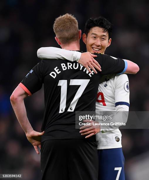 Kevin De Bruyne of Manchester City and Heung-Min Son of Tottenham Hotspur embrace after the Premier League match between Tottenham Hotspur and...