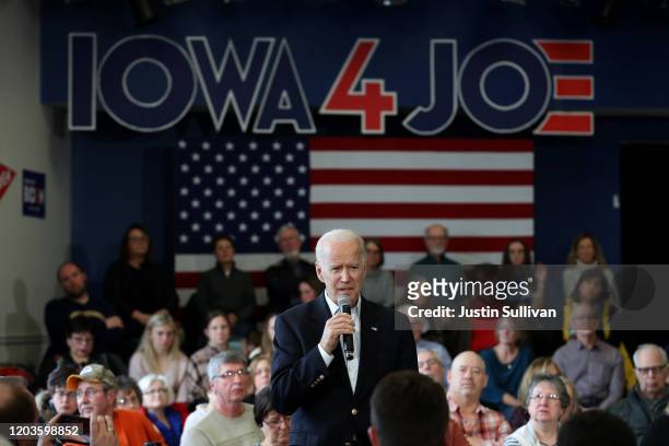 Democratic presidential candidate former Vice President speaks during a campaign event on February 02, 2020 in Dubuque, Iowa. With one day to go...