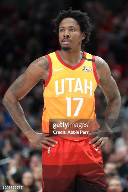 Ed Davis of the Utah Jazz reacts in the third quarter against the Portland Trail Blazers during their game at Moda Center on February 01, 2020 in...