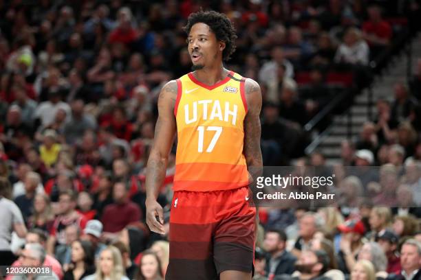Ed Davis of the Utah Jazz reacts in the third quarter against the Portland Trail Blazers during their game at Moda Center on February 01, 2020 in...