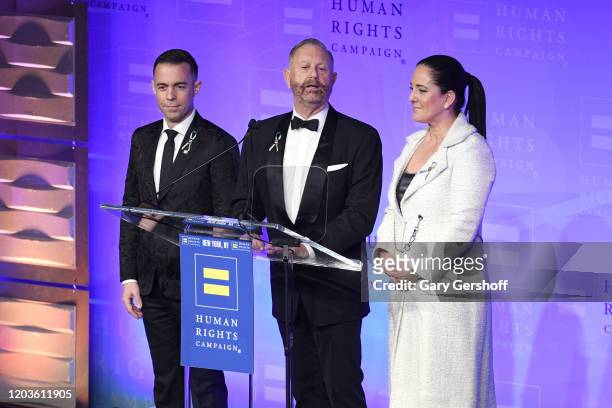 Gala Chairs Greg Battaglia, Gary Hilbert and Dolores Covrigaru seen onstage during the Human Rights Campaign's 19th Annual Greater New York Gala at...