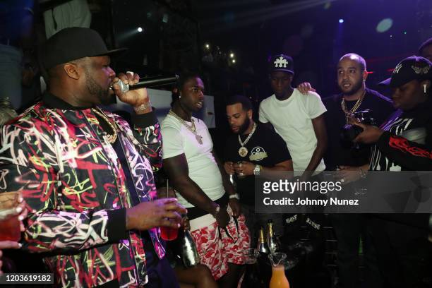 Cent and Pop Smoke appear onstage at Trey Songz & 50 Cent Host The Big Game Weekend 2020 at Cameo on February 01, 2020 in Miami, Florida.