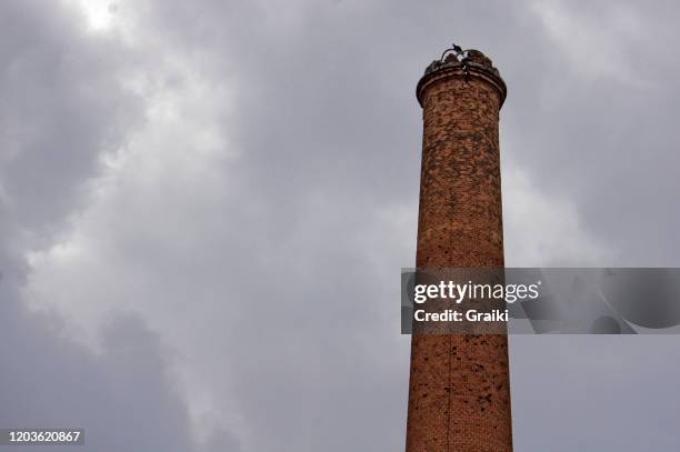 industrial brick chimney with a bird - brick smokestack stock pictures, royalty-free photos & images