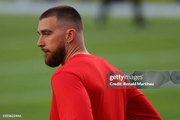 Travis Kelce of the Kansas City Chiefs looks on before Super Bowl LIV at Hard Rock Stadium on February 02, 2020 in Miami, Florida.