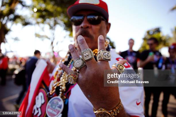 San Francisco 49ers fam shows his rings in Super Bowl LIV at Hard Rock Stadium on February 02, 2020 in Miami, Florida.