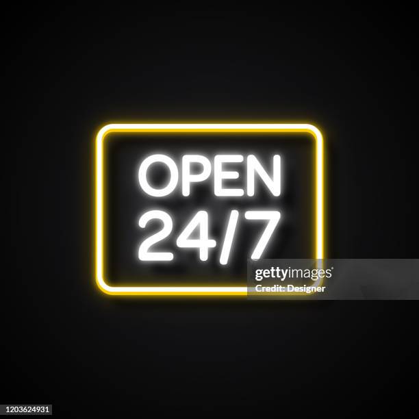 ilustrações de stock, clip art, desenhos animados e ícones de 24/7 open sign neon style, design elements - aberto 24 horas