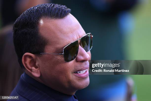 Former baseball player Alex Rodriguez looks on before Super Bowl LIV at Hard Rock Stadium on February 02, 2020 in Miami, Florida.