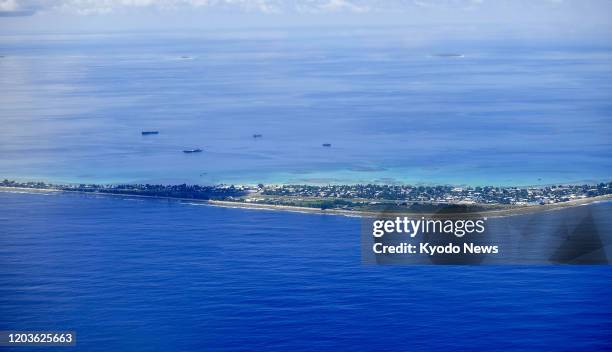 Photo taken from a plane on Oct. 17 shows Fongafale islet within the atoll of Funafuti, Tuvalu.