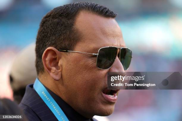 Former baseball player Alex Rodriguez looks on before Super Bowl LIV at Hard Rock Stadium on February 02, 2020 in Miami, Florida.