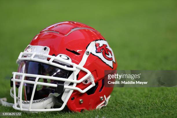 Details of Kansas City Chiefs helmet before Super Bowl LIV at Hard Rock Stadium on February 02, 2020 in Miami, Florida.
