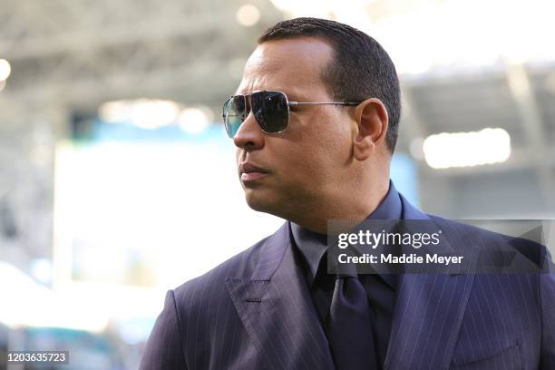 Former baseball player Alex Rodriguez looks on before Super Bowl LIV at Hard Rock Stadium on February 02, 2020 in Miami, Florida.