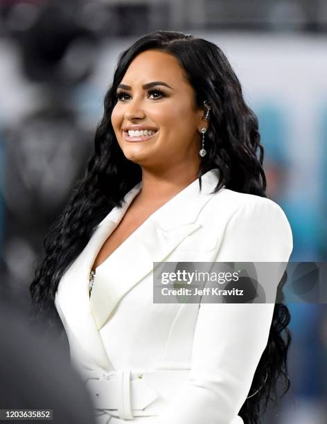 Demi Lovato performs the National Anthem onstage during Super Bowl LIV at Hard Rock Stadium on February 02, 2020 in Miami Gardens, Florida.