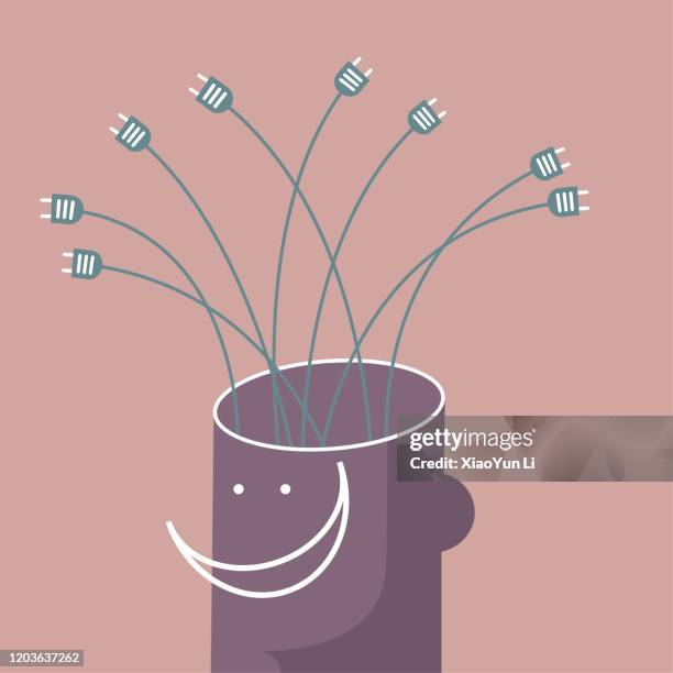 artificial intelligence concept, power plug in the brain. the background is brown. - smart plug stock illustrations